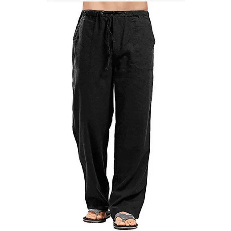 Men's Cotton Linen Pants Breathable Summer Trousers Drawstring Waist