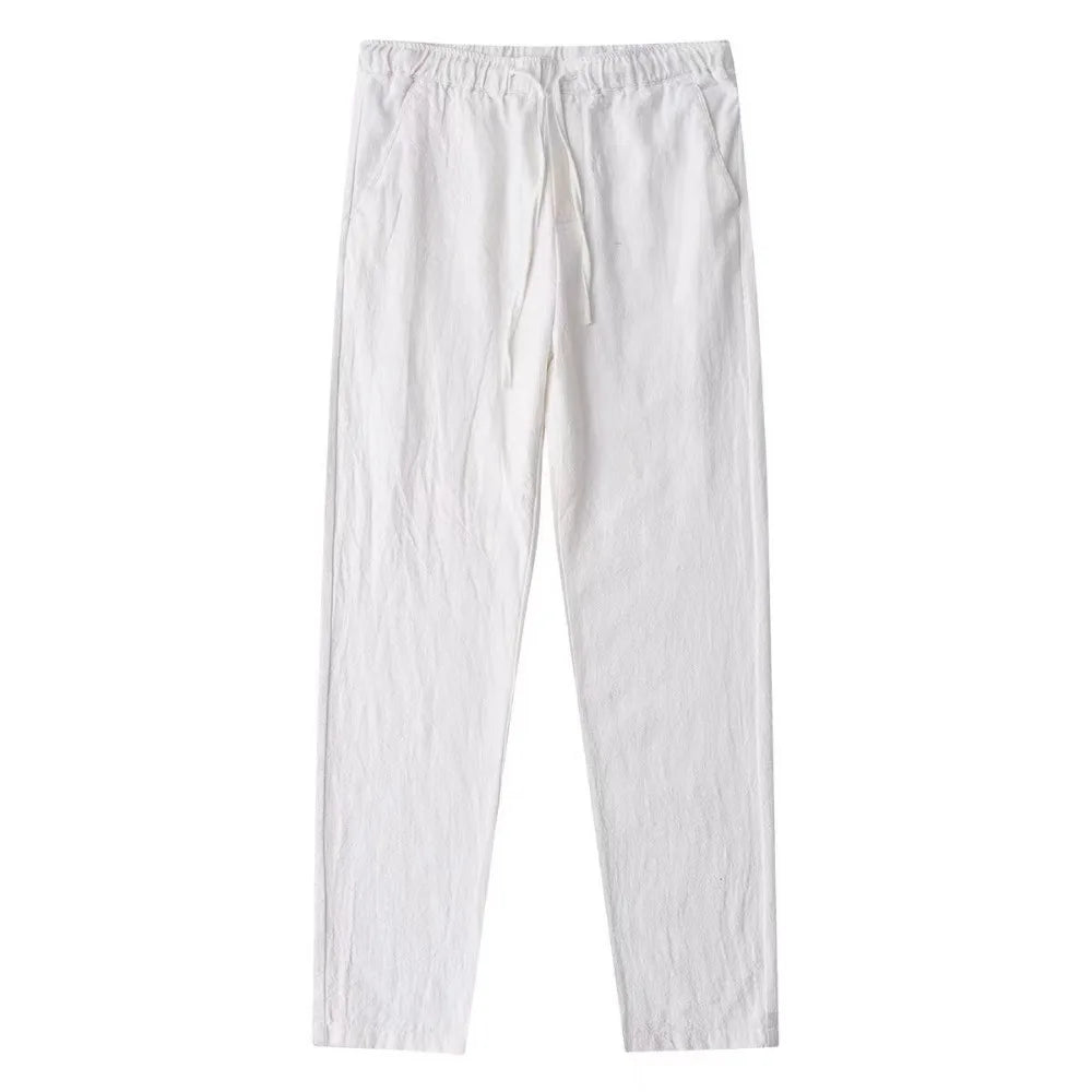 Men's Breathable Cotton Linen Pants Elastic Waist Back Pocket